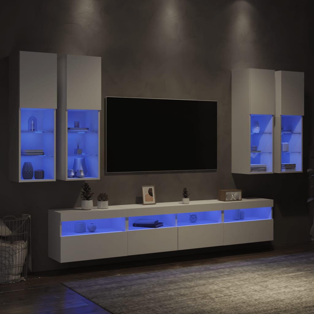 Set Mobili TV a Muro 7 pz con Luci LED Bianco