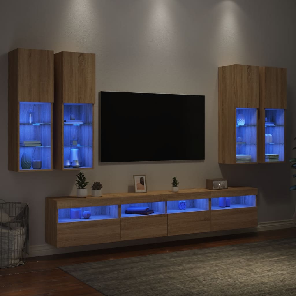 Set Mobili TV a Muro 7 pz con Luci LED Rovere Sonoma