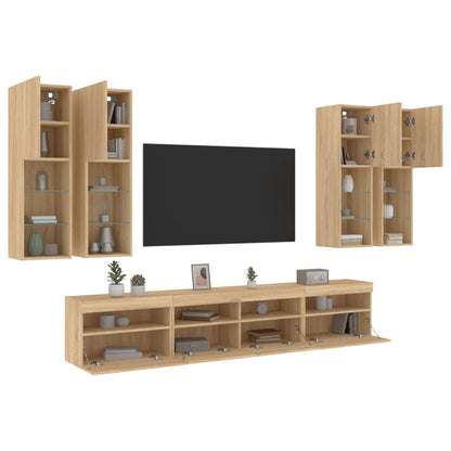 Set Mobili TV a Muro 7 pz con Luci LED Rovere Sonoma