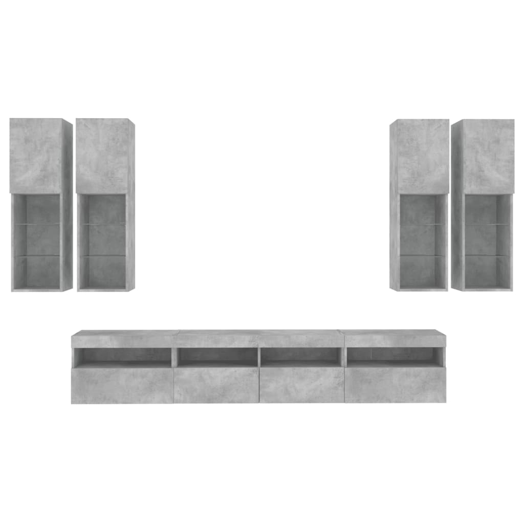 Set Mobili TV a Muro 7 pz con Luci LED Grigio Cemento