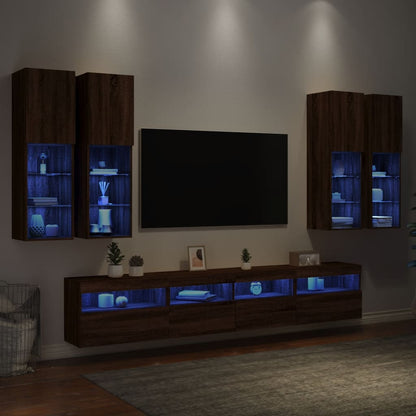 Set Mobili TV a Muro 7 pz con Luci LED Rovere Marrone