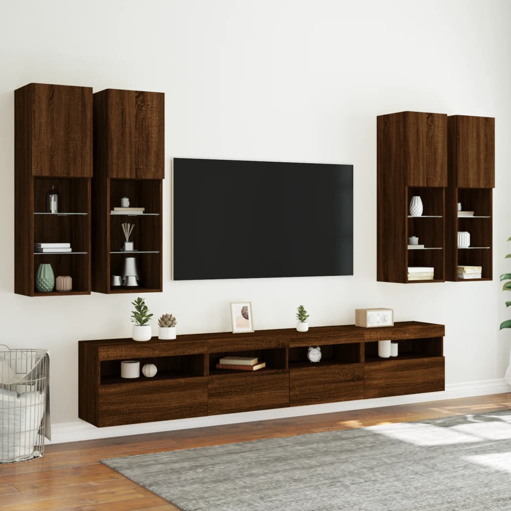 Set Mobili TV a Muro 7 pz con Luci LED Rovere Marrone