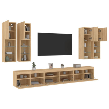 Set Mobili TV a Muro 7 pz con Luci LED Rovere Sonoma