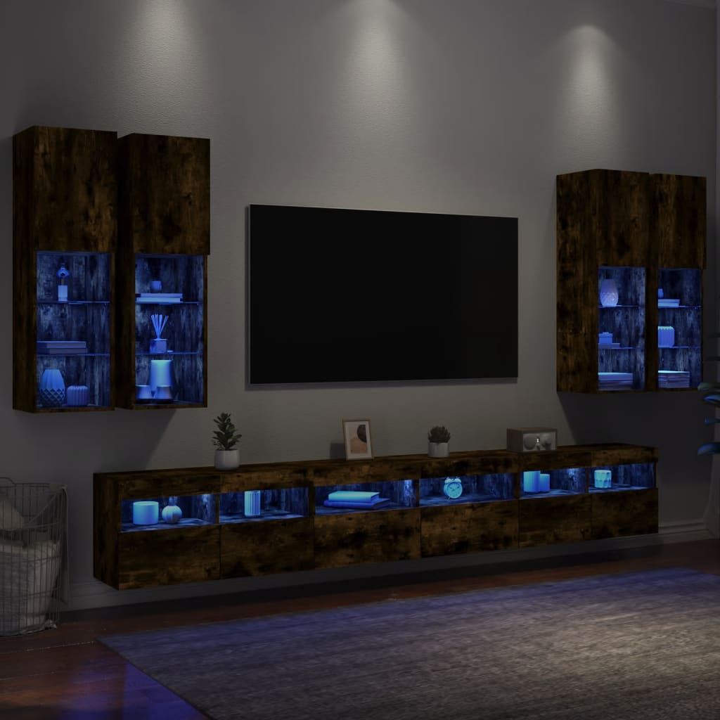 Set Mobili TV a Muro 7 pz con Luci LED Rovere Fumo