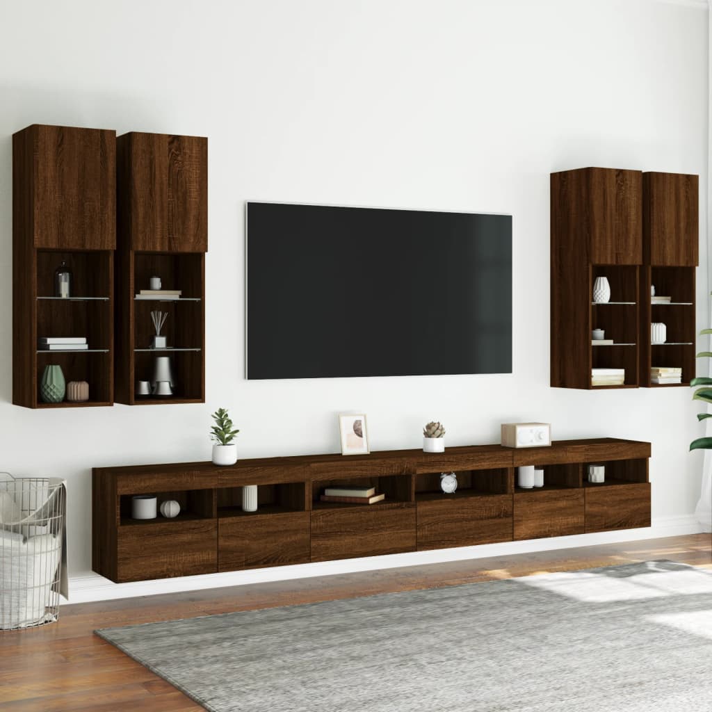 Set Mobili TV a Muro 7 pz con Luci LED Rovere Marrone