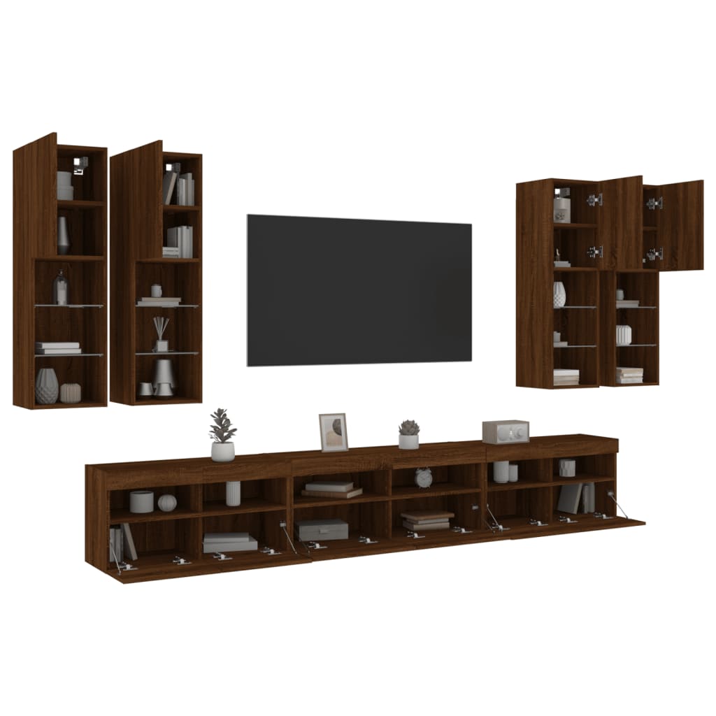 Set Mobili TV a Muro 7 pz con Luci LED Rovere Marrone