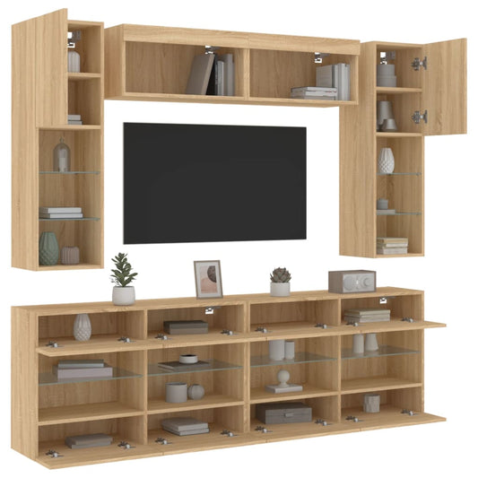 Set Mobili TV a Muro 6 pz con Luci LED Rovere Sonoma