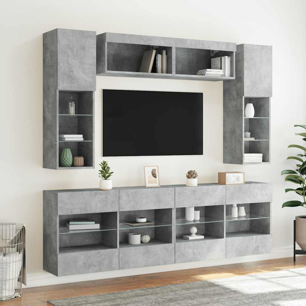 Set Mobili TV a Muro 6 pz con Luci LED Grigio Cemento