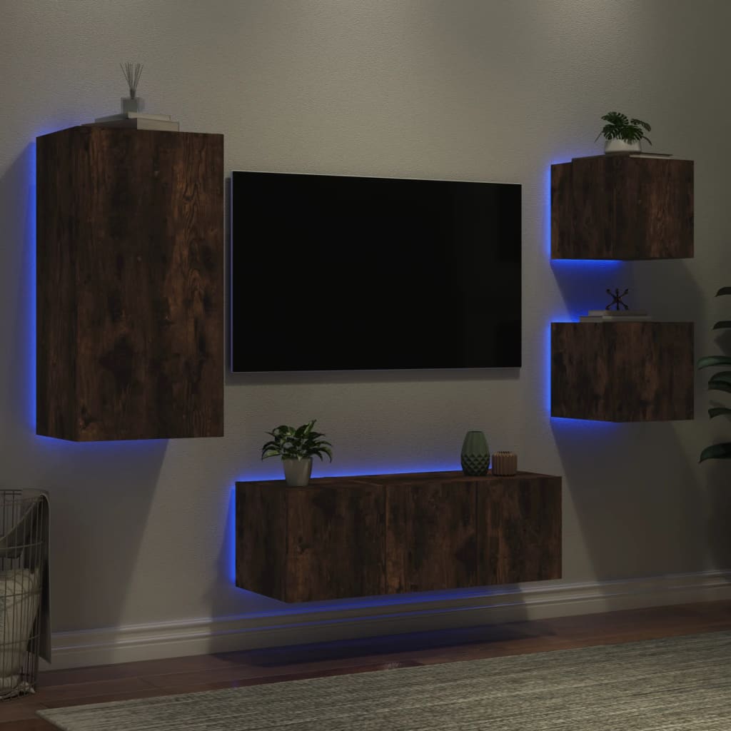 Mobili TV a Muro con LED 5pz Rovere Fumo in Legno Multistrato - homemem39