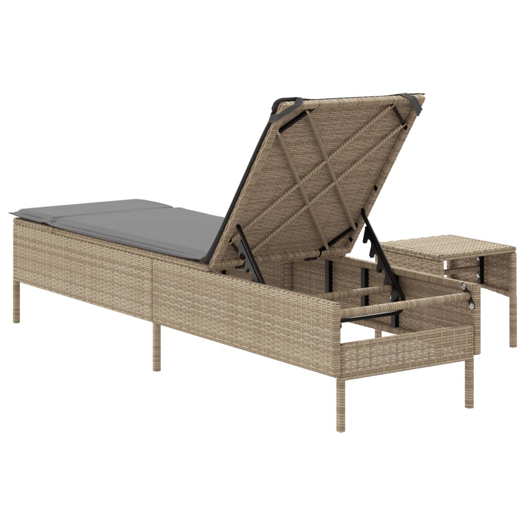 Lettino Prendisole con Tavolo e Cuscino Beige in Polyrattan