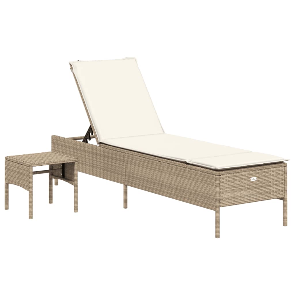 Lettino Prendisole con Tavolo e Cuscino Beige in Polyrattan