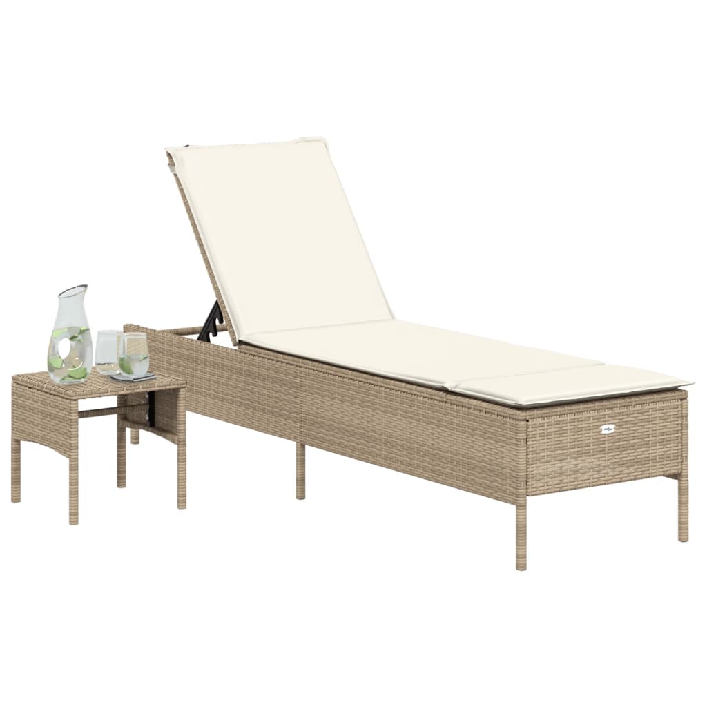 Lettino Prendisole con Tavolo e Cuscino Beige in Polyrattan