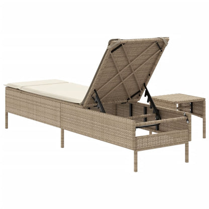 Lettino Prendisole con Tavolo e Cuscino Beige in Polyrattan