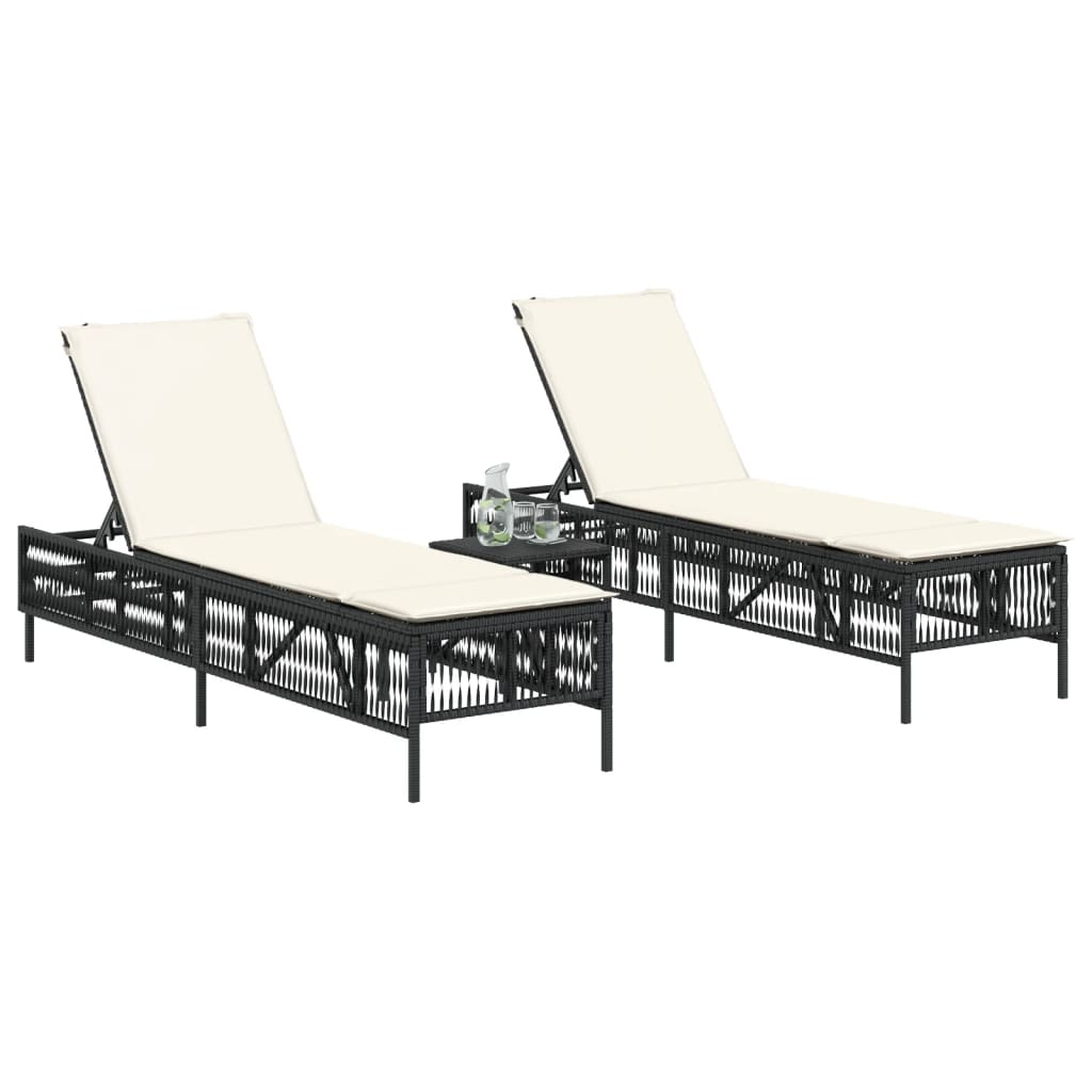 Lettini Prendisole 2 pz con Tavolino Nero in Polyrattan