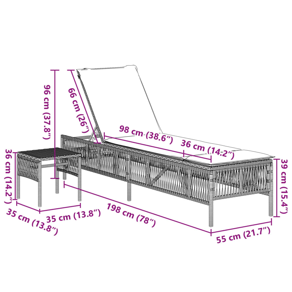 Lettini Prendisole 2 pz con Tavolino Nero in Polyrattan