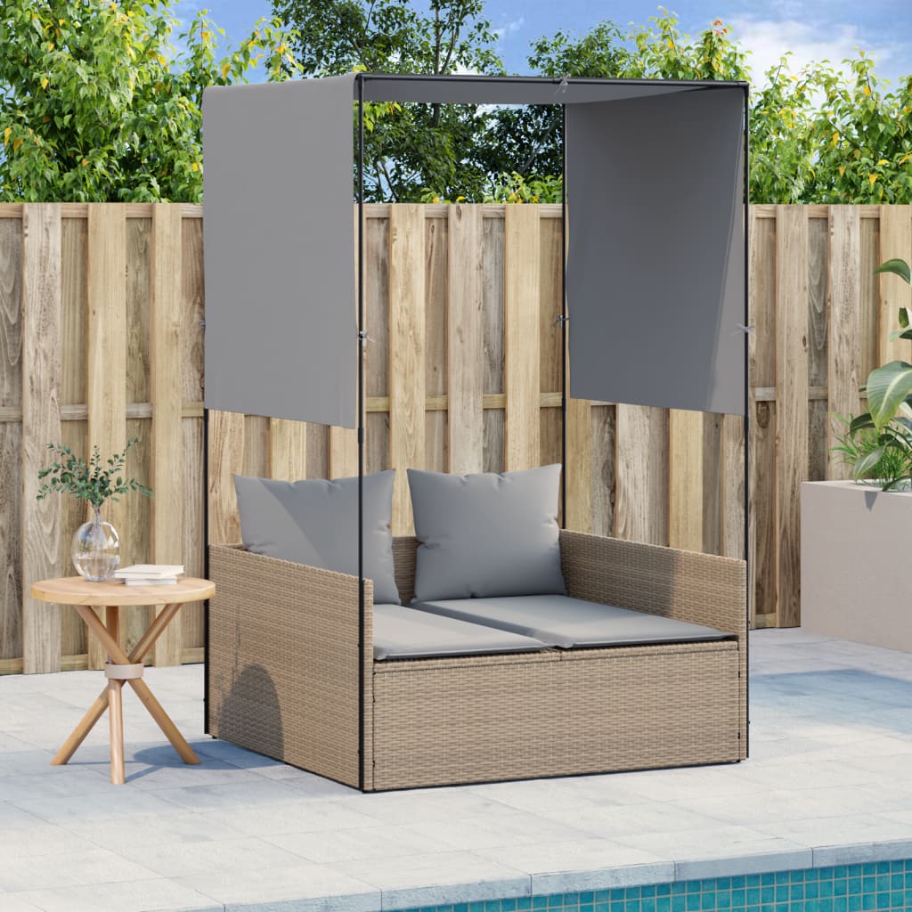 Lettino Prendisole con Tetto e Tende Beige in Polyrattan