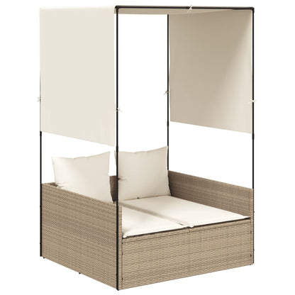 Lettino Prendisole con Tetto e Tende Beige in Polyrattan