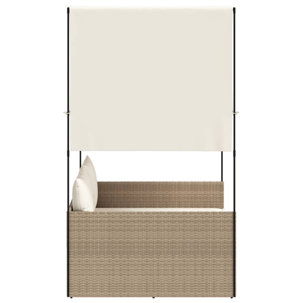 Lettino Prendisole con Tetto e Tende Beige in Polyrattan