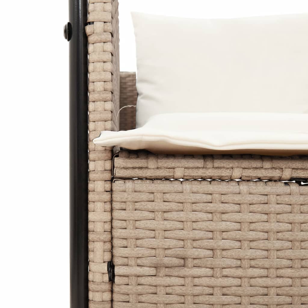 Lettino Prendisole con Tetto e Tende Beige in Polyrattan