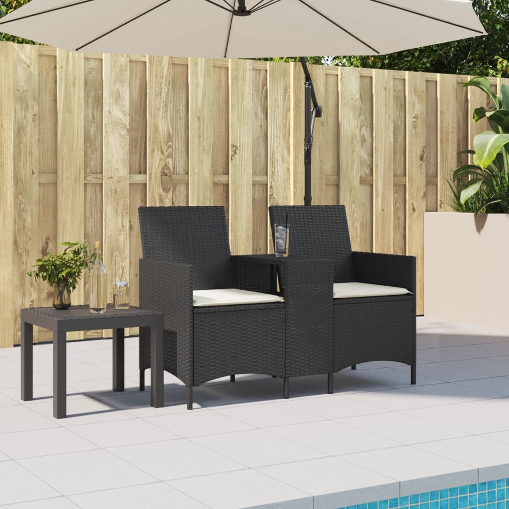 Divano da Giardino a 2 Posti Tavolo Cuscini Nero in Polyrattan | homemem39