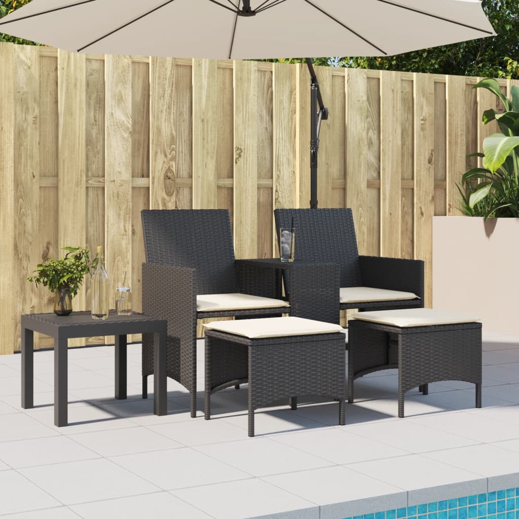 Divano Giardino 2 Posti con Tavolo e Sgabelli Nero Polyrattan | homemem39