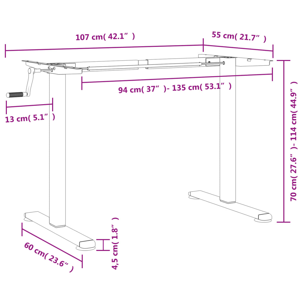 Telaio Scrivania in Piedi Bianco (94-135)x60x(70-114)cm Acciaio