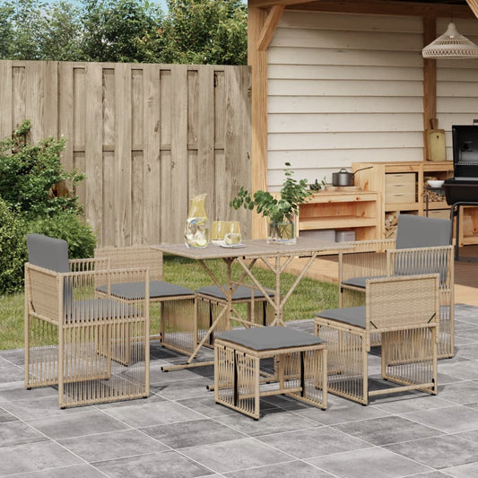 Set da Pranzo da Giardino 7 pz con Cuscini Beige in Polyrattan