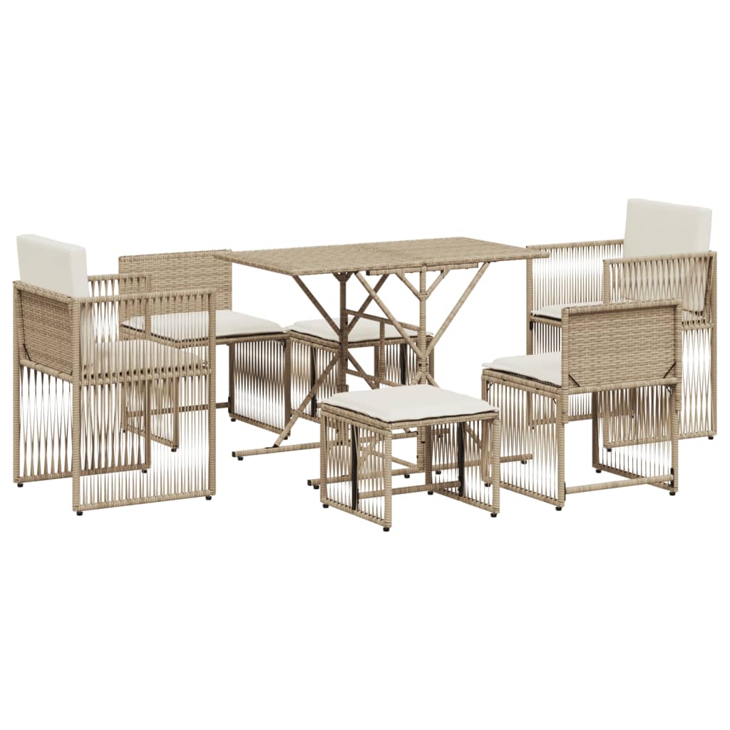 Set da Pranzo da Giardino 7 pz con Cuscini Beige in Polyrattan