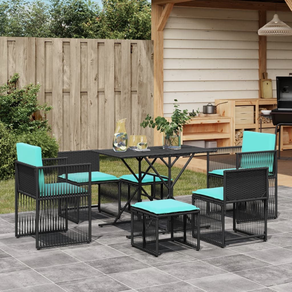 Set da pranzo da giardino da 7 pz con Cuscini in Polyrattan Nero | homemem39