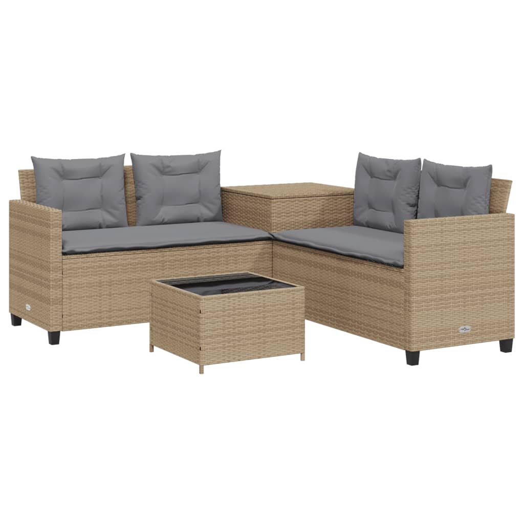 Divano da Giardino con Tavolo e Cuscini a L Beige in Polyrattan