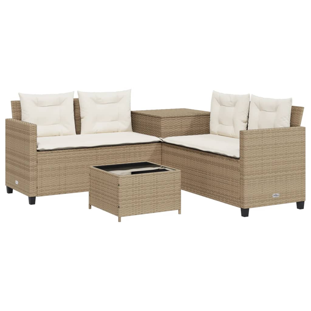 Divano da Giardino con Tavolo e Cuscini a L Beige in Polyrattan