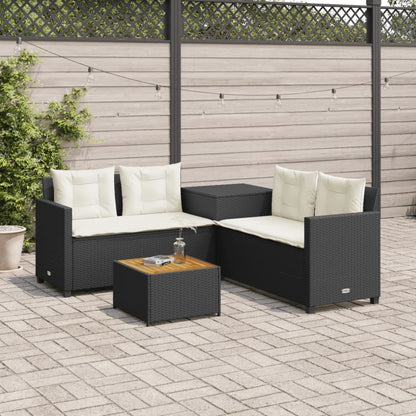 Divano da Giardino con Tavolo e Cuscini a L Nero in Polyrattan