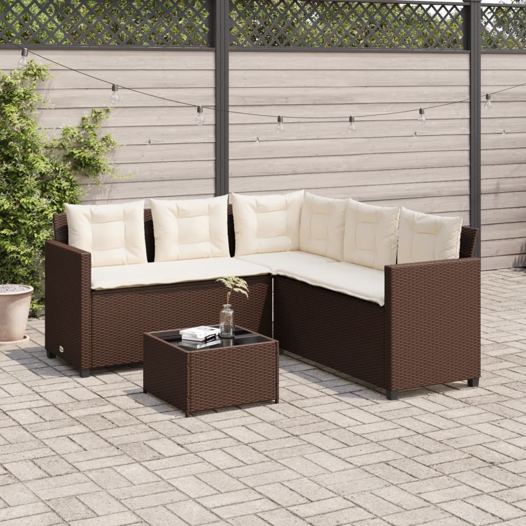 Divano da Giardino con Tavolo e Cuscini a L Marrone Polyrattan | homemem39