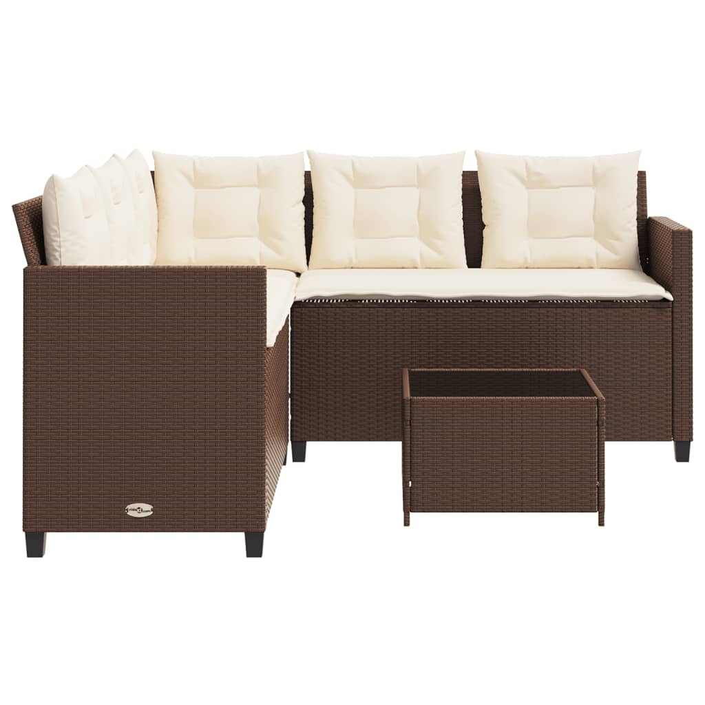 Divano da Giardino con Tavolo e Cuscini a L Marrone Polyrattan | homemem39