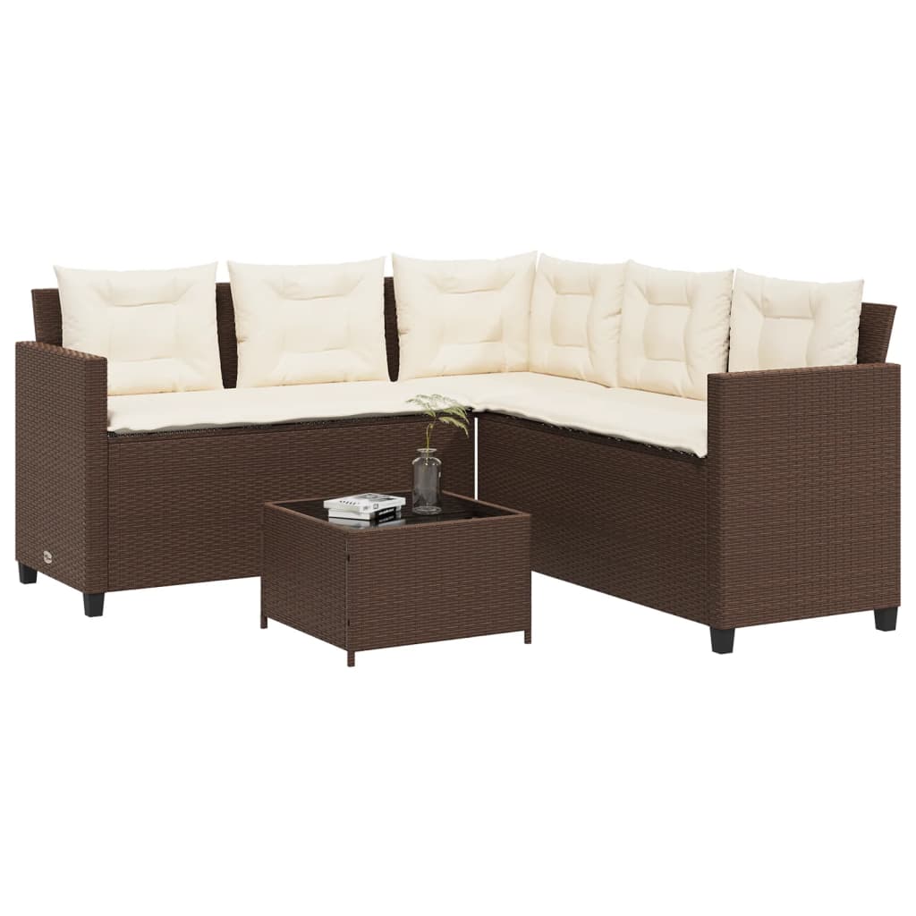 Divano da Giardino con Tavolo e Cuscini a L Marrone Polyrattan | homemem39