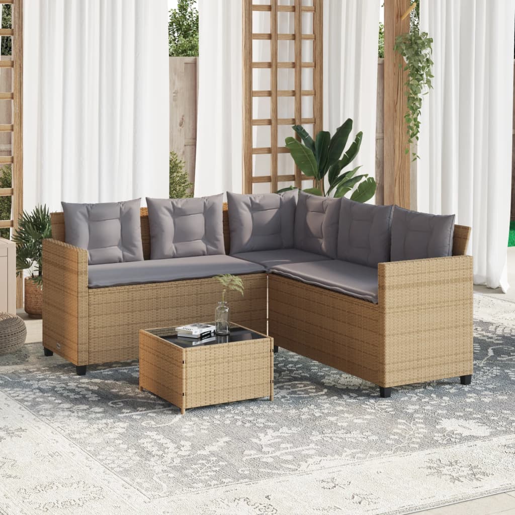Divano da Giardino con Tavolo e Cuscini a L Beige in Polyrattan - homemem39