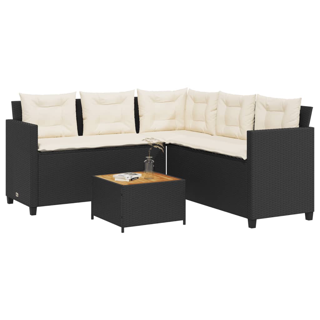 Divano da Giardino con Tavolo e Cuscini a L Nero in Polyrattan | homemem39