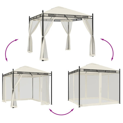 Gazebo con Pareti in Rete Crema 2,93x2,93 m in Acciaio