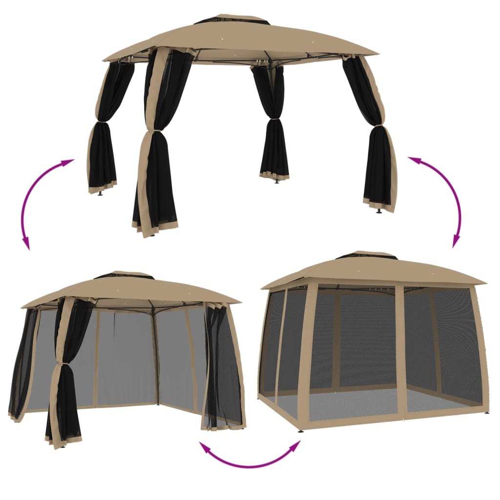 Gazebo con Tetto Doppio/Pareti Rete Tortora 2,93x2,93 m Acciaio | homemem39