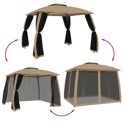 Gazebo con Tetto Doppio/Pareti Rete Tortora 2,93x2,93 m Acciaio