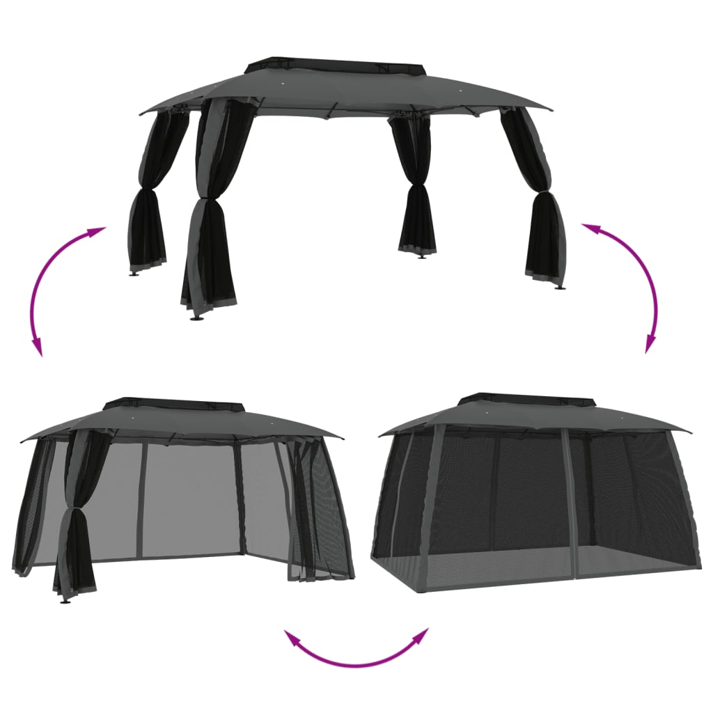 Gazebo Tetto Doppio e Pareti Rete Antracite 3,93x2,93 m Acciaio | homemem39