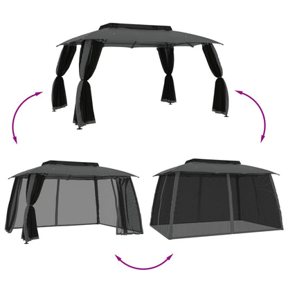 Gazebo Tetto Doppio e Pareti Rete Antracite 3,93x2,93 m Acciaio