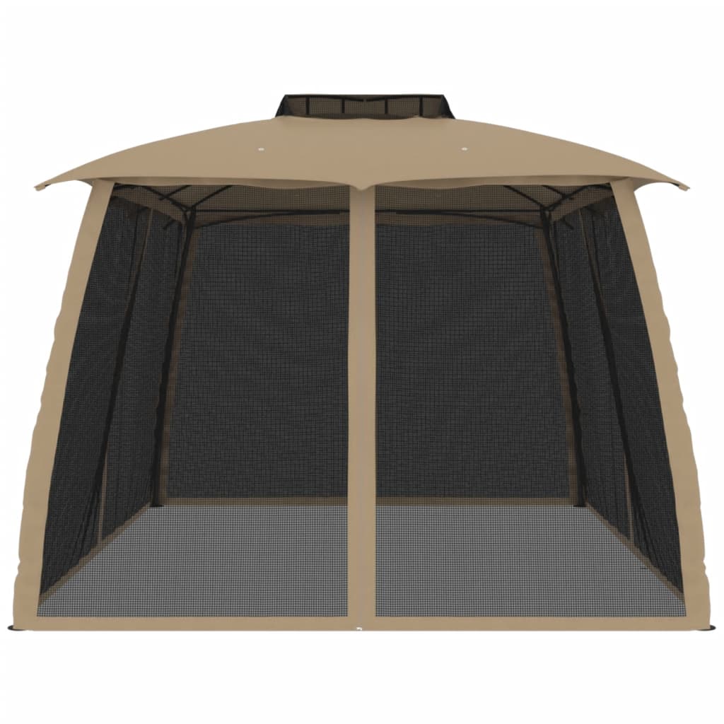 Gazebo con Tetto Doppio/Pareti Rete Tortora 3,93x2,93 m Acciaio