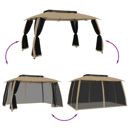 Gazebo con Tetto Doppio/Pareti Rete Tortora 3,93x2,93 m Acciaio | homemem39