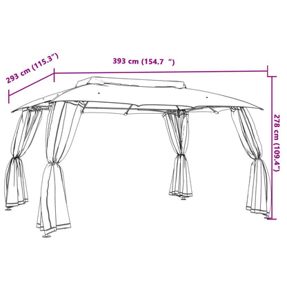 Gazebo con Tetto Doppio/Pareti Rete Tortora 3,93x2,93 m Acciaio