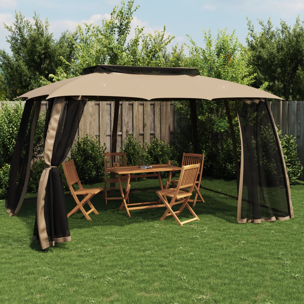 Gazebo con Tetto Doppio/Pareti Rete Tortora 3,93x2,93 m Acciaio | homemem39