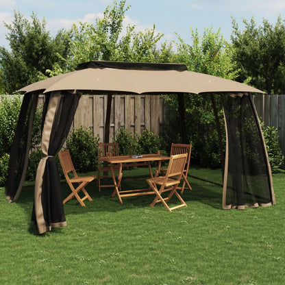 Gazebo con Tetto Doppio/Pareti Rete Tortora 3,93x2,93 m Acciaio | homemem39