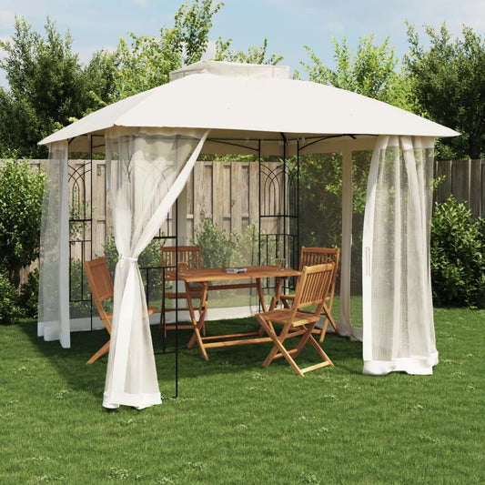 Gazebo con Tetto Doppio e Pareti Rete Crema 2,94x2,94 m Acciaio | homemem39