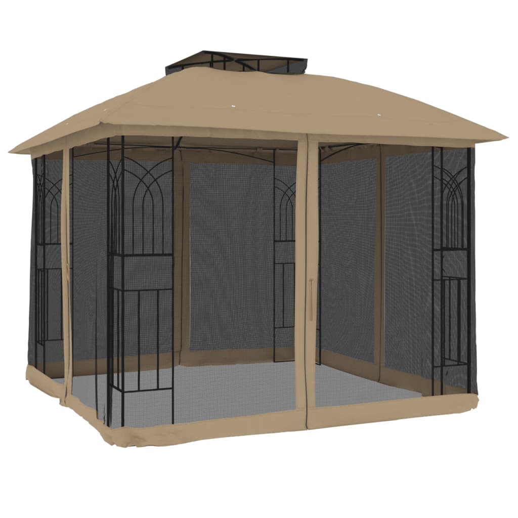 Gazebo con Tetto Doppio/Pareti Rete Tortora 2,94x2,94 m Acciaio | homemem39