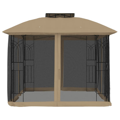 Gazebo con Tetto Doppio/Pareti Rete Tortora 2,94x2,94 m Acciaio